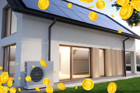 KI Generiertes Einfamilienhaus. Neubau mit Photovoltaik am Dach und einer Wärmepumpe an der Hausmauer montiert. Über dem Bild sind Euromünzen eingeblendet, die herumfliegen.
